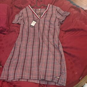 Tommy Hilfiger Navy and Red Plaid V-Neck Short Sleeve Dress